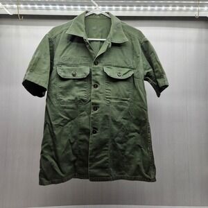 Vintage US Military OG-107 Short Sleeve Utility Shirt Olive Green Cotton Sateen